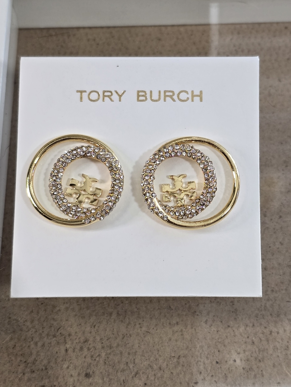 Tory Burch Gold Crystal Double-Ring Logo Studs